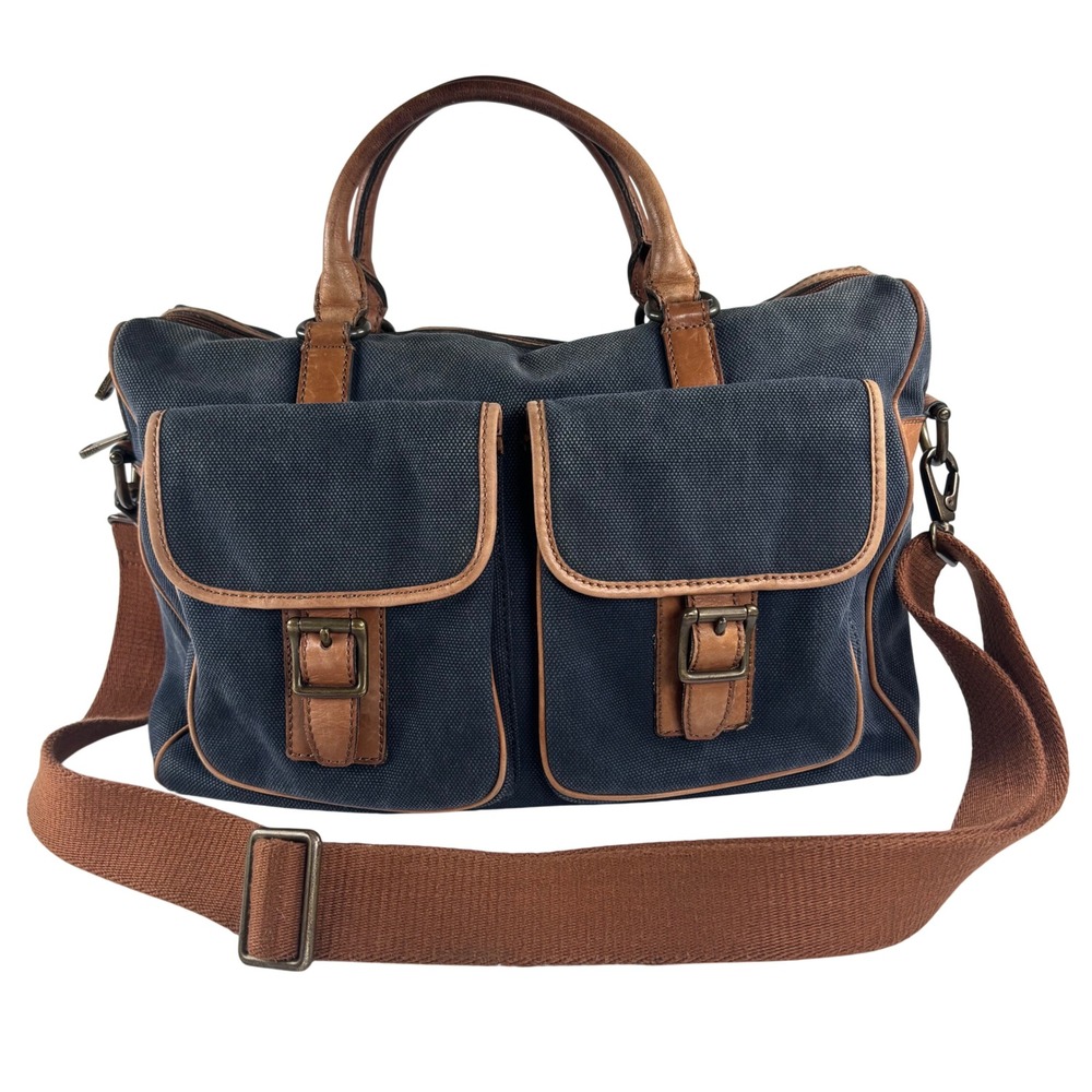 Y2K‎ VTG Fossil Messenger Bag Navy Blue Canvas Leather Laptop Satchel Academia